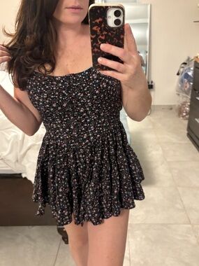 Aerie Black Floral Smocked Romper